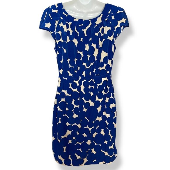 Yoana Baraschi Dress Dotted Women Size 10 Blue Cream Cut-Out Neckline Tie‎ Belt - Picture 2 of 15